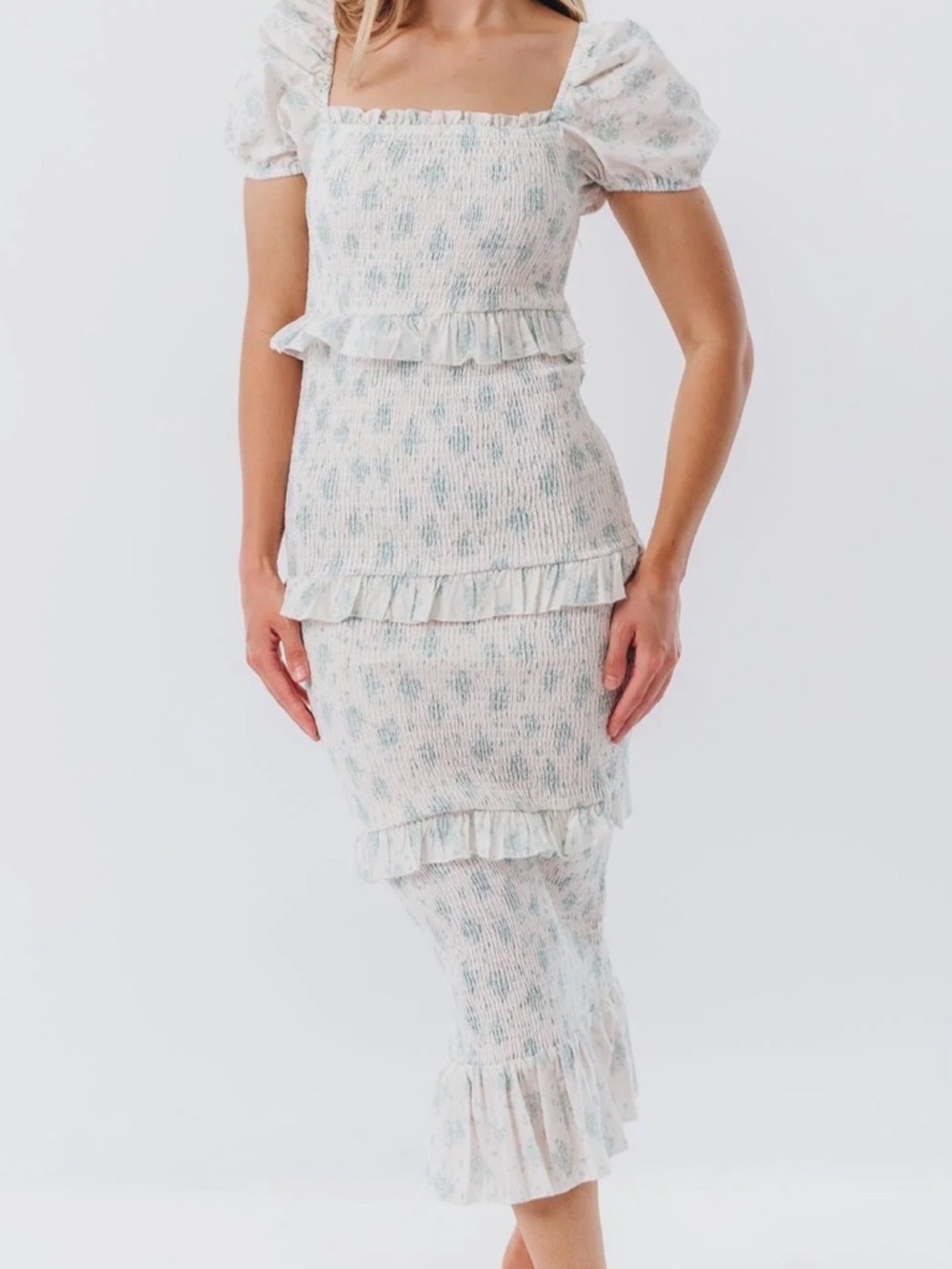 Worth Collective Lila Printed Smocked Midi Dress in Blue Floral - Bump Friendly